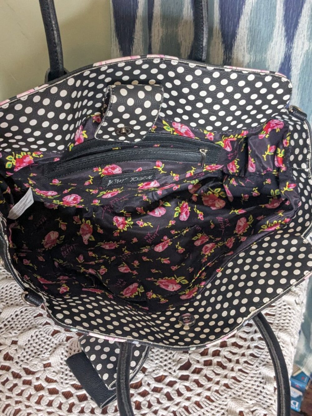 Betsey Johnson Floral Polka Dot Bow Satchel Tote Purse Handbag - Picture 3 of 7